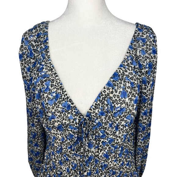 Express Blue Floral Long-Sleeve Cropped Blouse With Ruched Bust Size Large - Picture 11 of 15